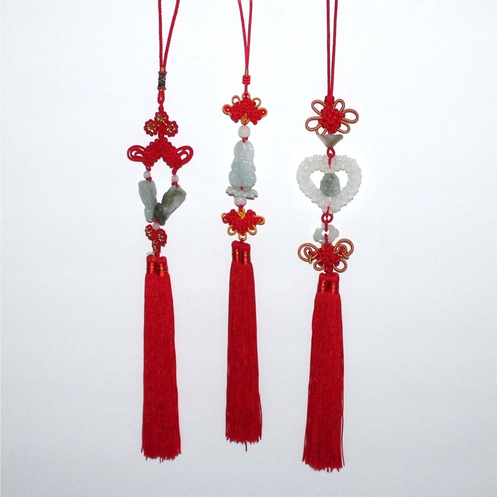 Lot 3 Chinese Pendant charm knot white jade Guan Yin Heart Pixiu tassel